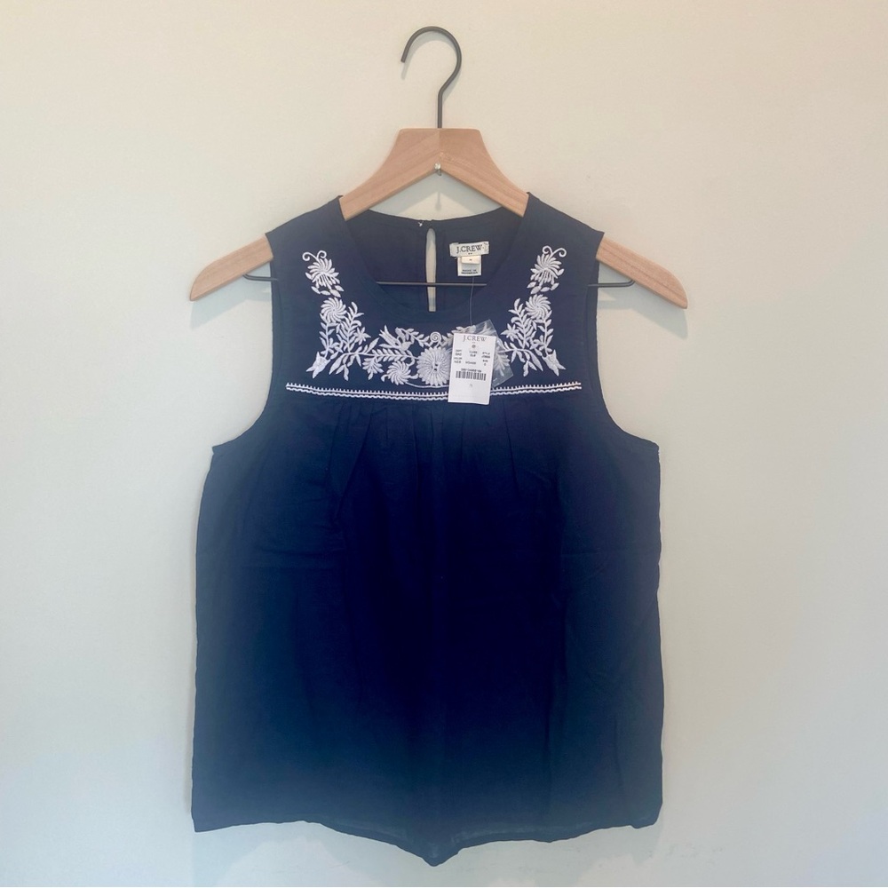 J Crew Embroidered Floral Tank Top Linen Cotton Navy Blue White 00